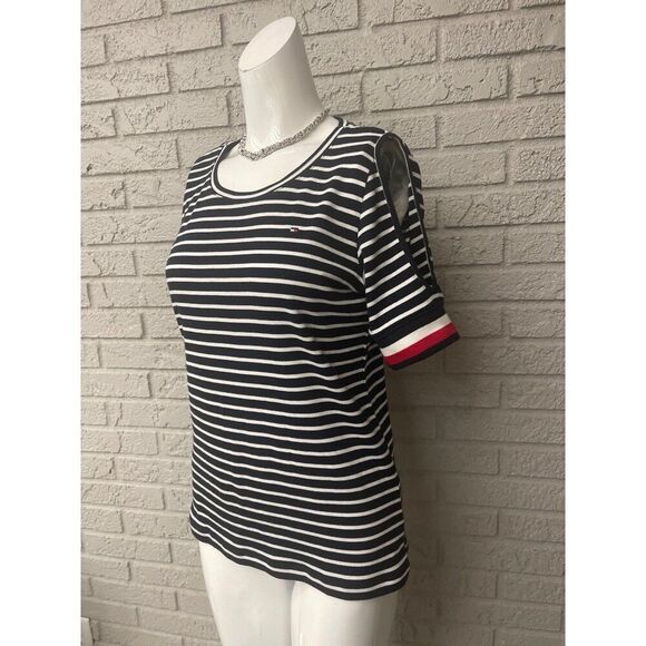 Tommy Hilfiger Women Short Sleeve Cold Shoulder Striped Top Size M - Picture 6 of 9
